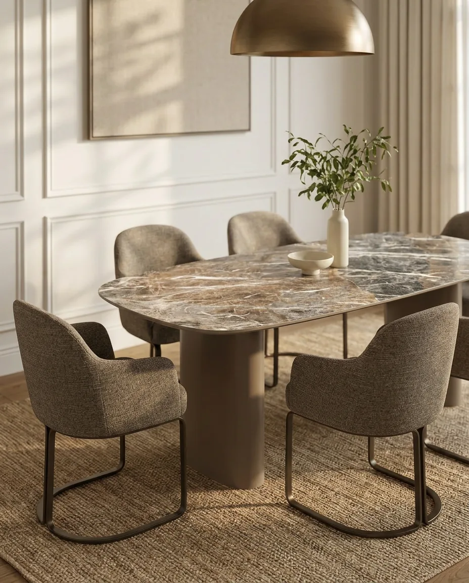 Richmond eetkamerstoelen met warme stof bij een keramische eettafel