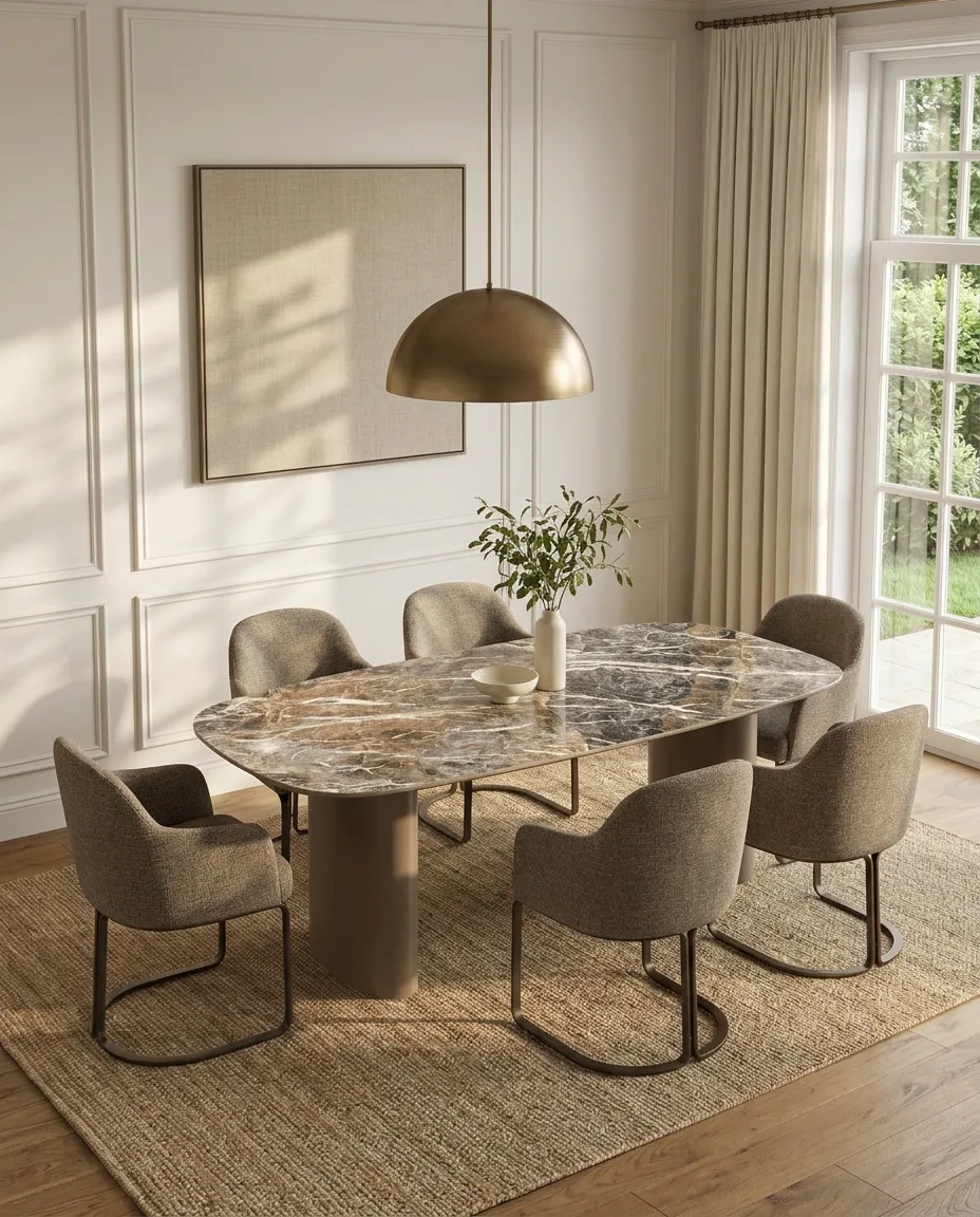 Richmond eetkamerstoelen bij een ovale keramische eettafel