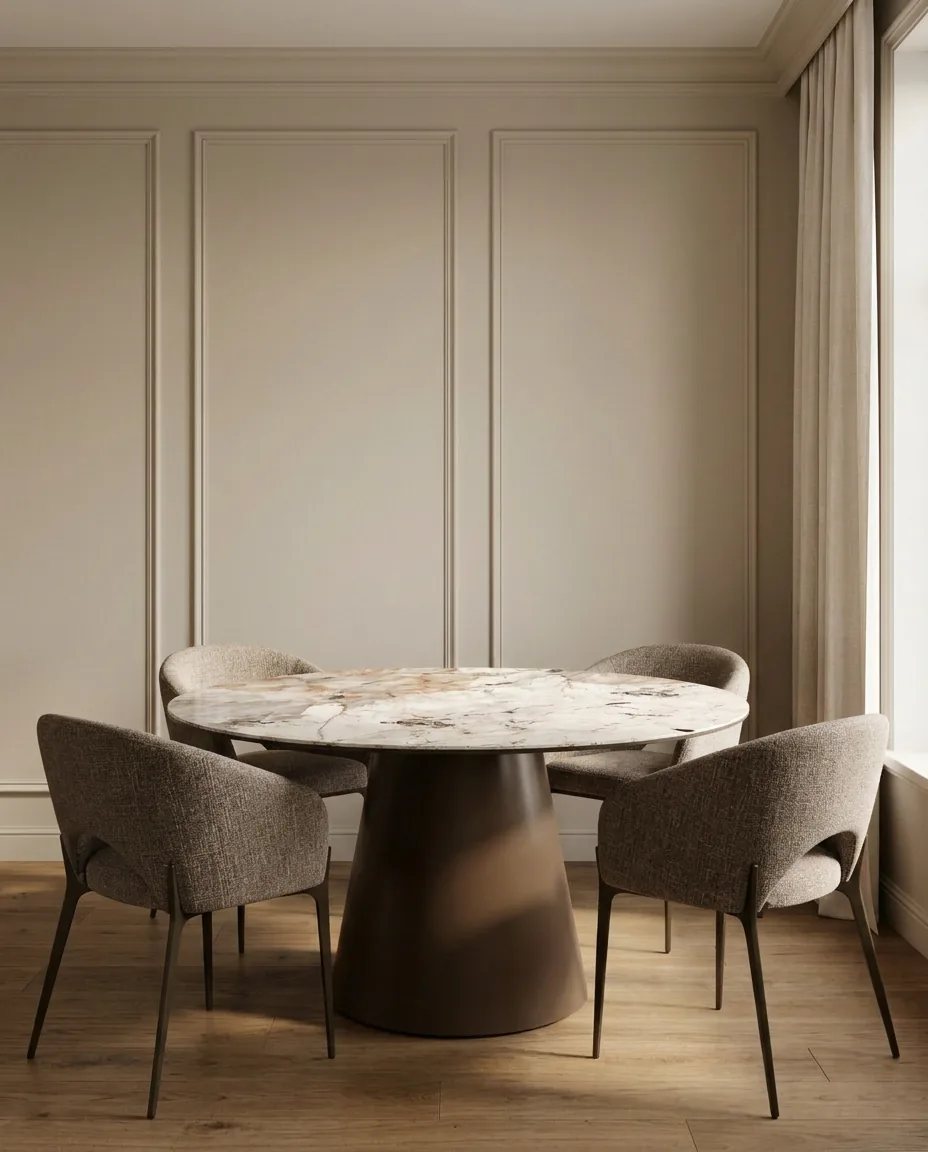 Richmond eetkamerstoelen gecombineerd met een ronde keramische tafel
